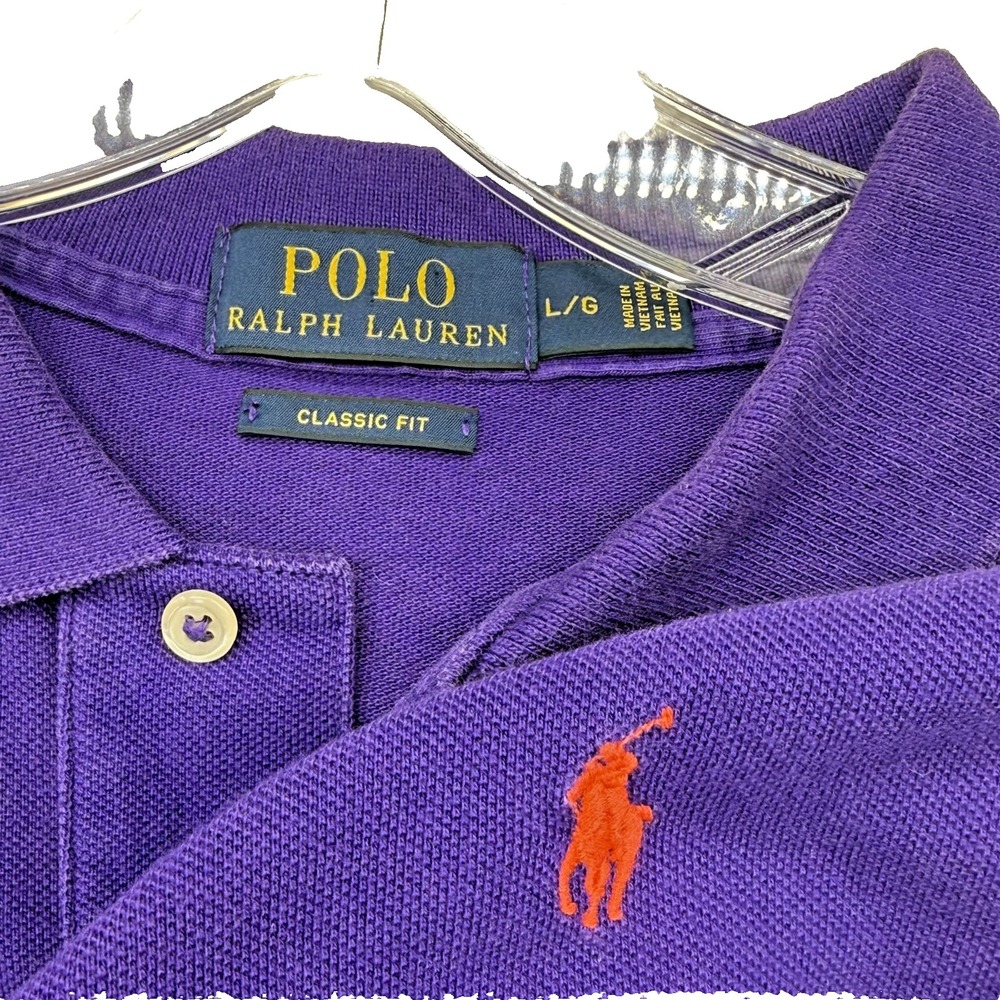 Polo Ralph Lauren Polo Shirt Mens L Purple Classic Fit Orange Pony Pique